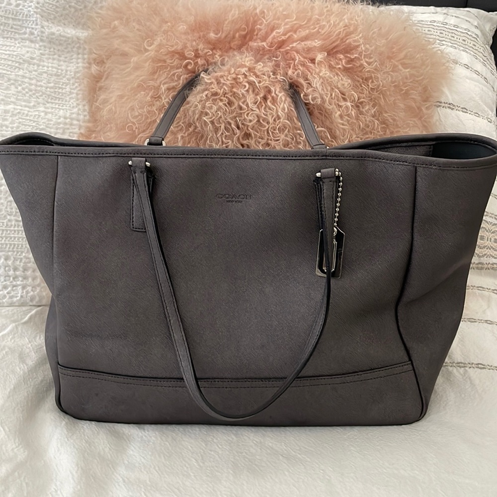 Coach Saffiano dark grey leather tote with zipper closure